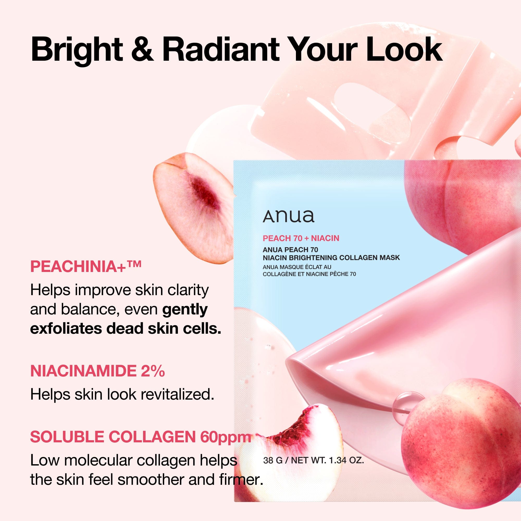 Anua US Sheet Mask 4ea Peach 70 Niacin Brightening Collagen Mask